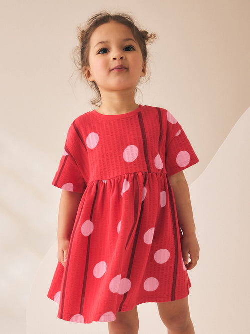 Red Pink Polka Dot Short Sleeve Jersey Dress (3mths-7yrs)