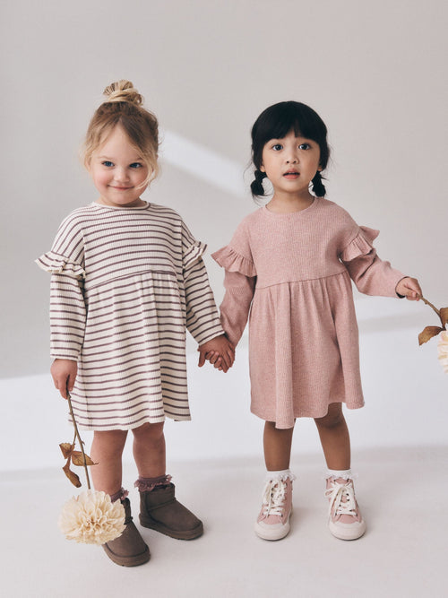 Neutral Stripe/Pale Pink Long Sleeve Frill Sleeve Ribbed Dresses 2 Pack (3mths-7yrs)