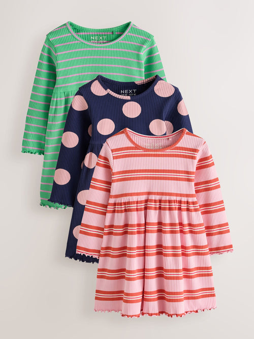 Green Stripe/Navy Spot/Red Stripe Long Sleeve Ribbed Dresses 3 Pack (3mths-7yrs)