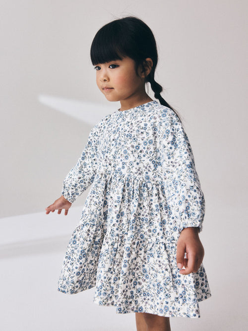 Ecru Blue Ditsy Long Sleeve Tiered Dress (3mths-7yrs)