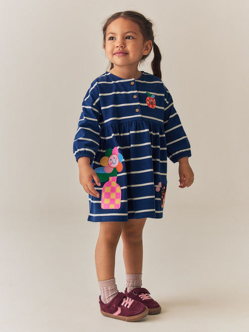 Navy Stripe Ladybird Long Sleeve Button Dress (3mths-7yrs)