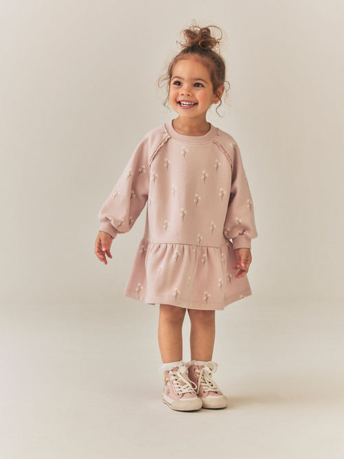 Cream Pink Ditsy Floral Long Sleeve Sweat Dress (3mths-7yrs)
