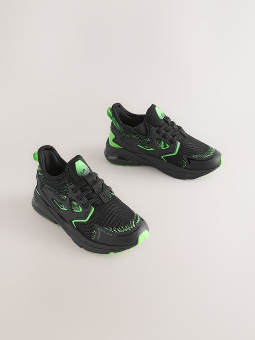 Black/Green Standard Fit (F) Elastic Lace Trainers