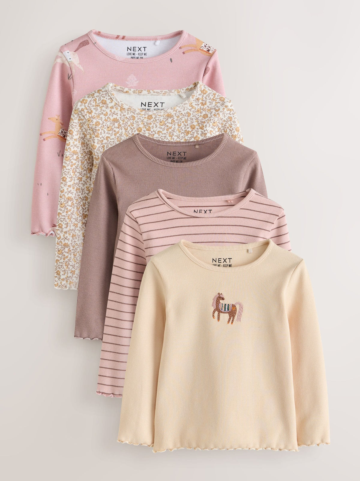 Brown/Cream Horse Long Sleeve Ribbed Tops 5 Pack (3mths-7yrs)