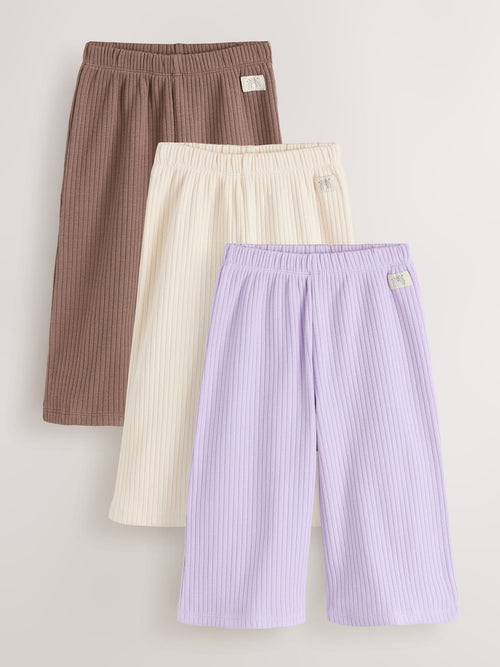 Neutral/Lilac Ribbed Wide Leg Trousers 3 Pack (3mths-7yrs)