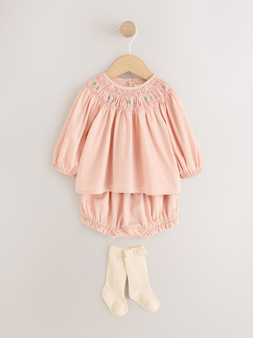 Pink Smock Woven Top, Shorts and Socks Baby Set 2 Piece (0mths-2yrs)