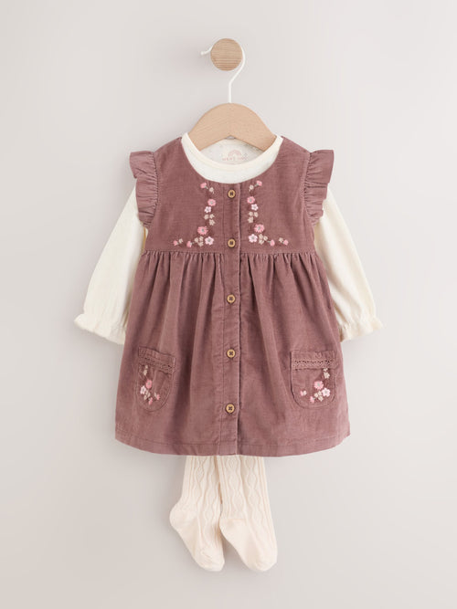 Chocolate Brown Floral Baby Pinafore Bodysuit And Tights 3 Piece Set (0mths-2yrs)