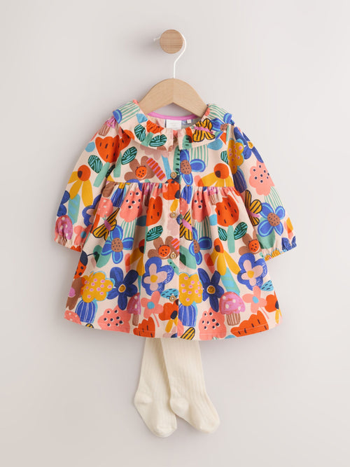 Multi Bright Print Cord Baby Dress And Tights 2 Piece Set (0mths-2yrs)