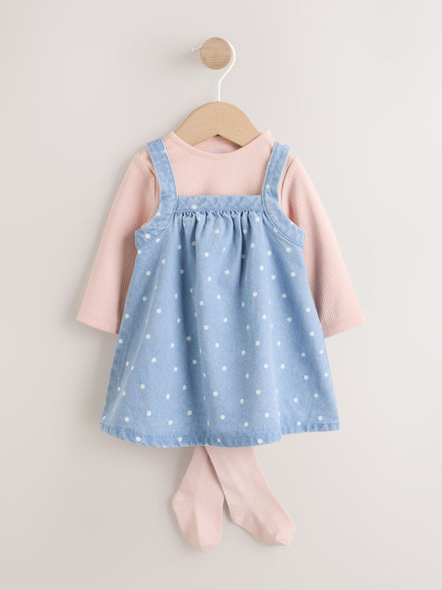 Denim Spot Baby Pinafore Long Sleeve Bodysuit And Tights 3 Piece Set (0mths-2yrs)
