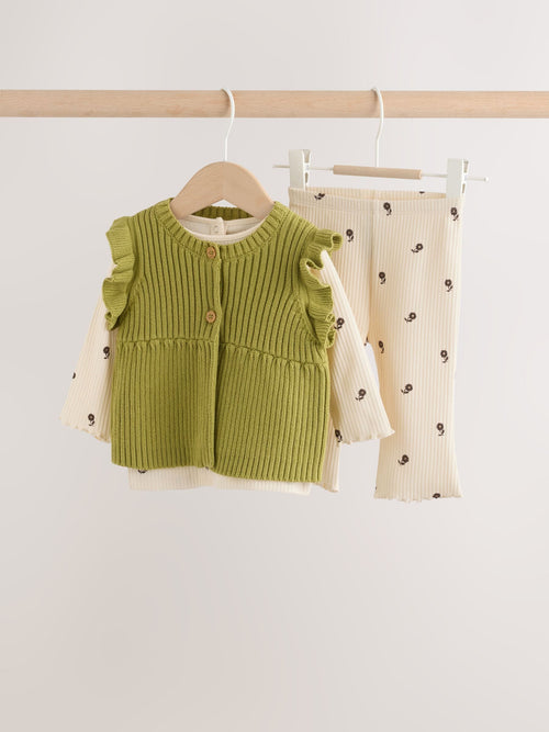 Ecru / Green Knitted Gilet and Printed Rib 3 Piece Baby Set (0mths-2yrs)