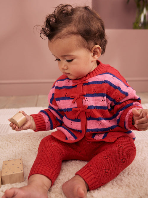 Red Stripe Knitted Bow Cardigan and Leggings Baby 2 Piece Set (0mths-2yrs)