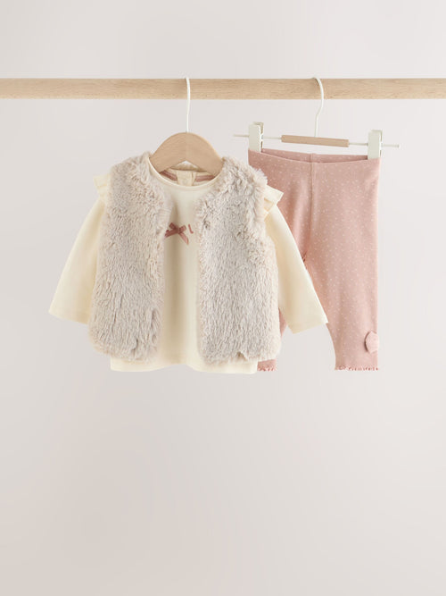 Pink/Cream Fur Baby Gilet Top and Leggings 3 Piece Set (0mths-2yrs)