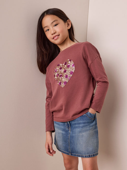 Brown Spot Long Sleeve Sequin Heart Top (3-16yrs)