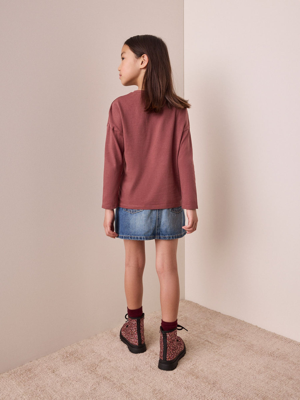 Brown Spot Long Sleeve Sequin Heart Top (3-16yrs)