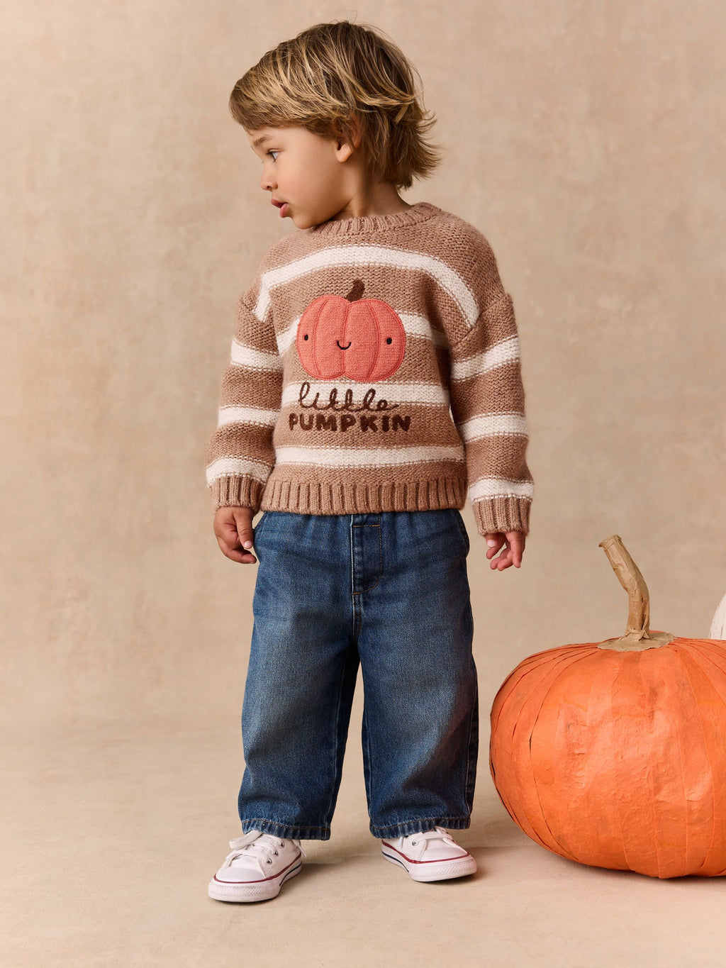 Neutral Pumpkin Halloween Knitted Crew Neck Jumper (3mths-7yrs)