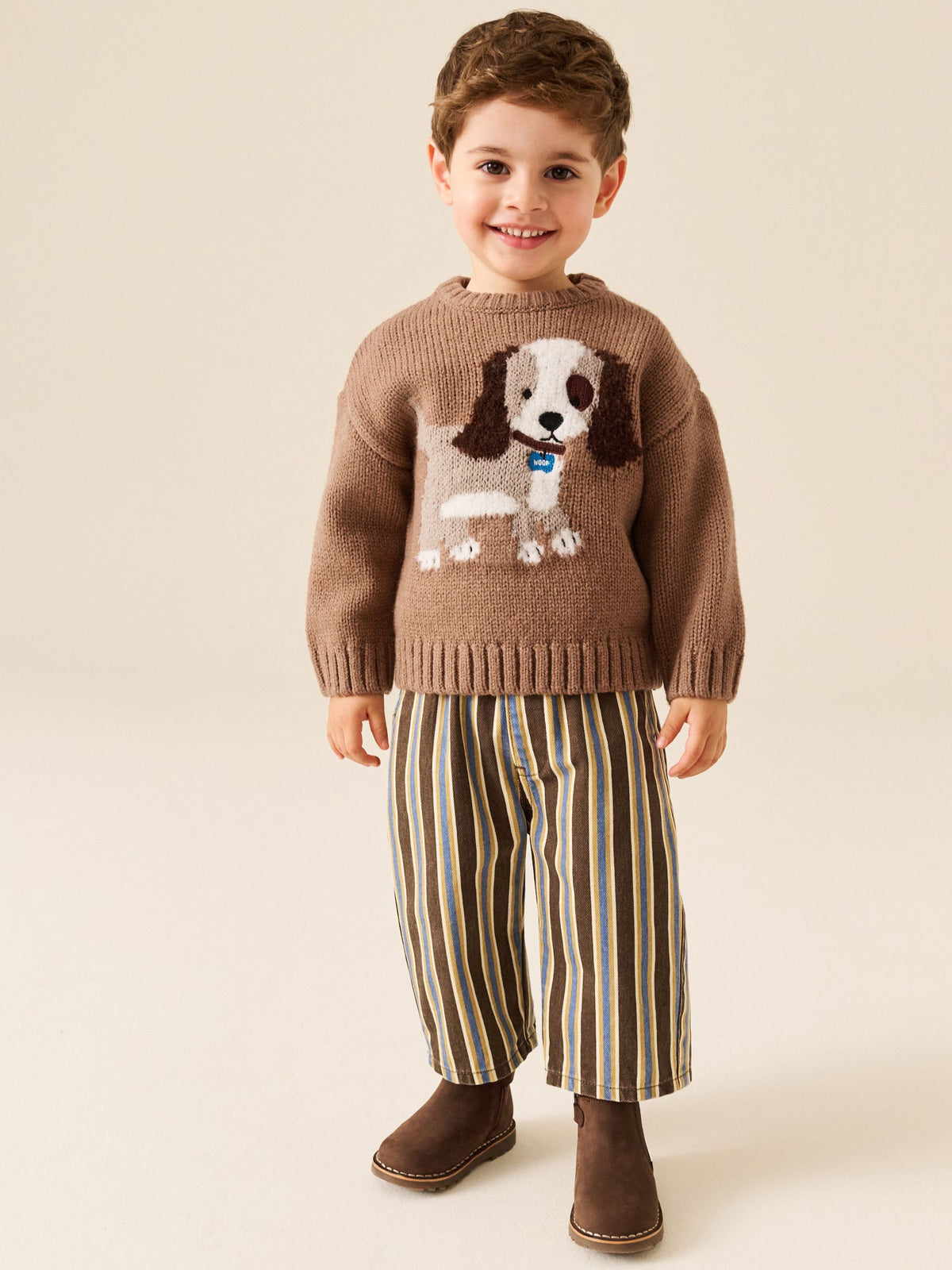 Chocolate Brown Dog Character Knitted Crew Neck Jumper (3mths-7yrs)