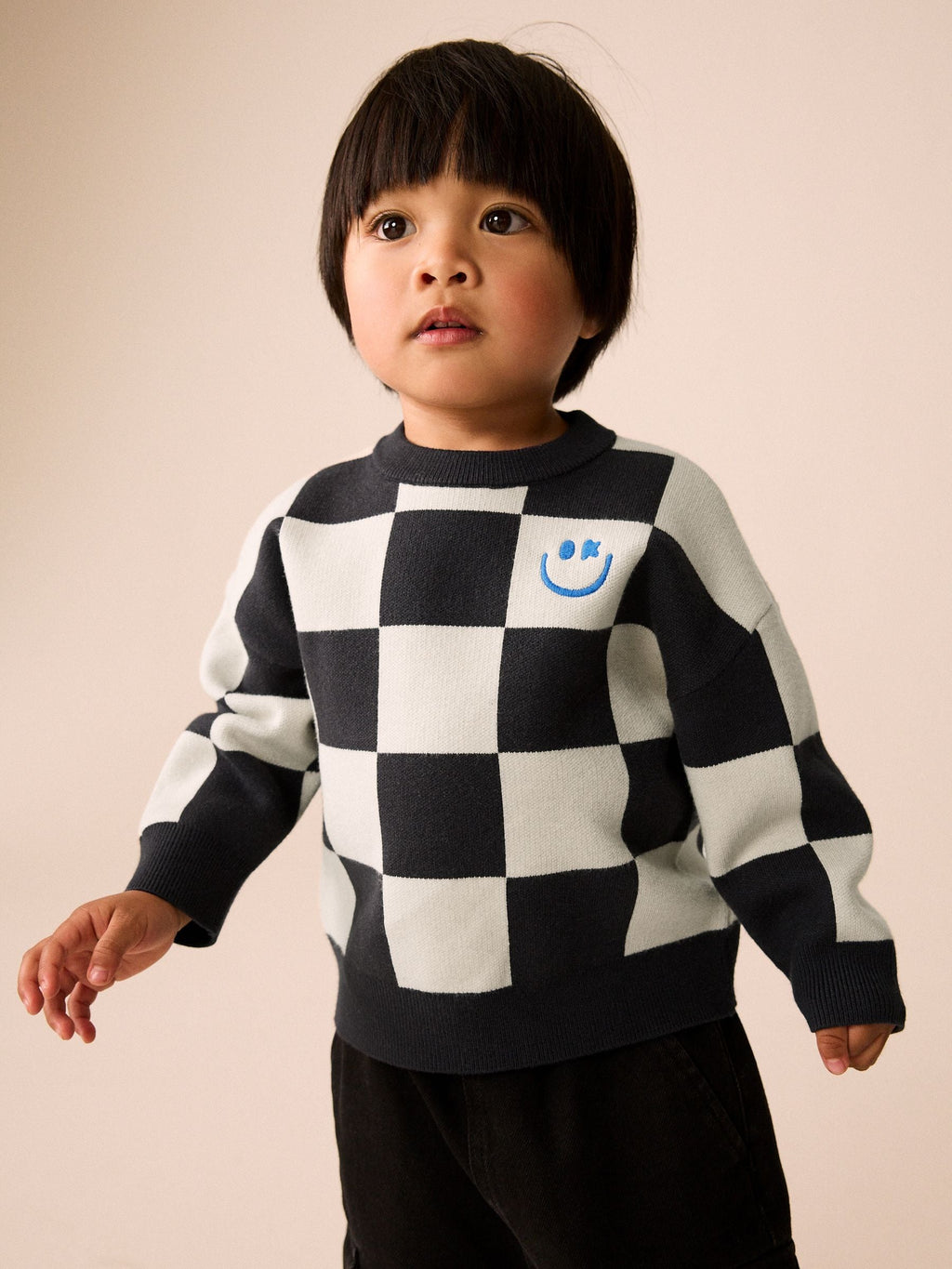 Monochrome Checkerboard Knitted Crew Neck Jumper (3mths-7yrs)