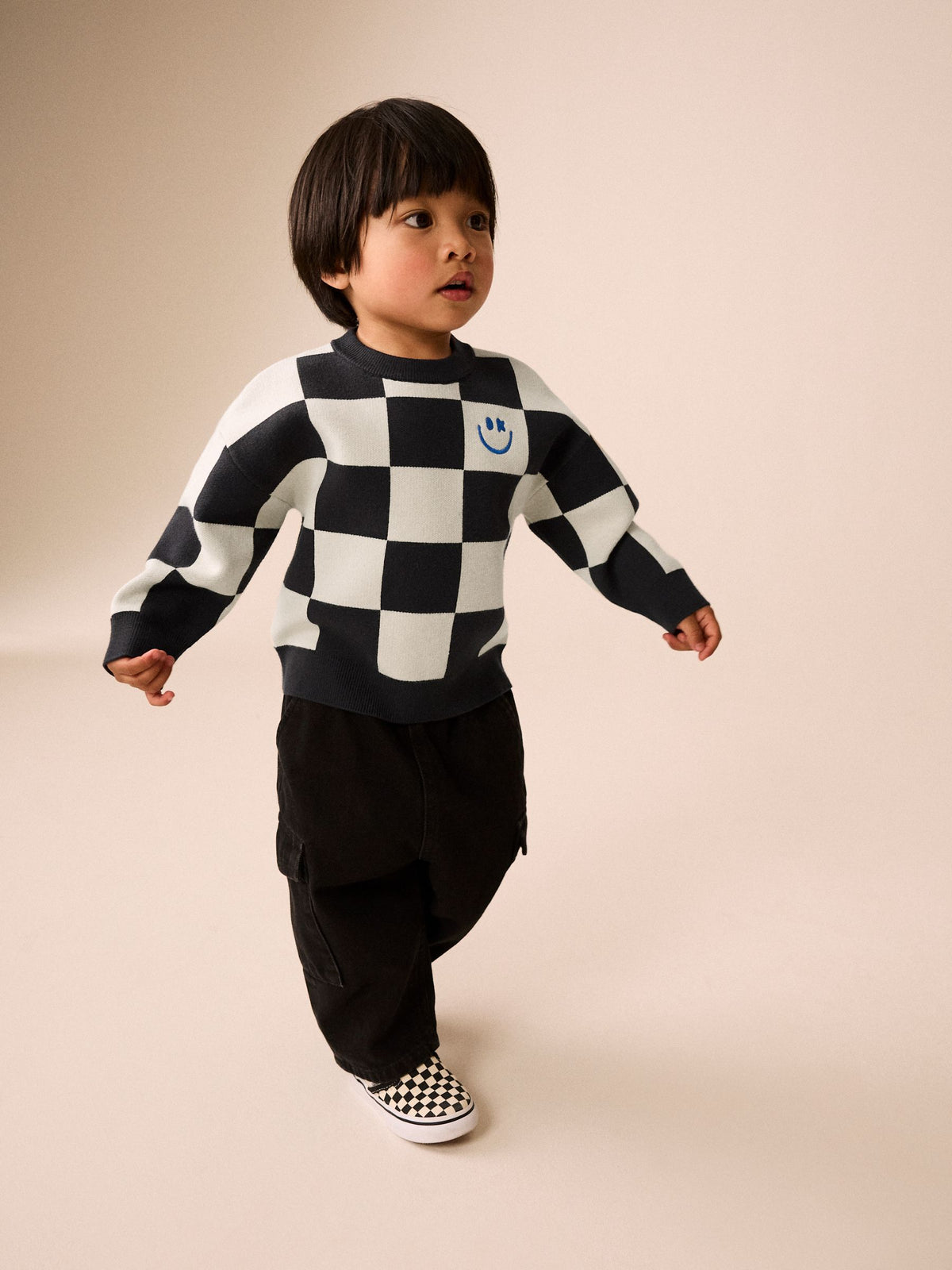 Monochrome Checkerboard Knitted Crew Neck Jumper (3mths-7yrs)