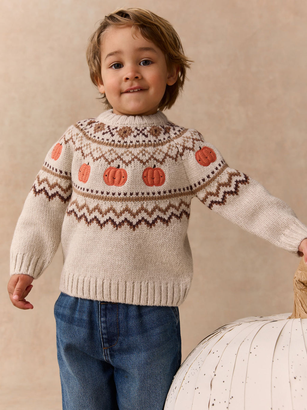 Neutral Pumpkin Fairisle Halloween Knitted Crew Neck Jumper (3mths-7yrs)