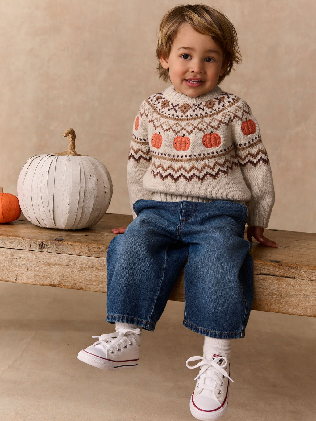 Neutral Pumpkin Fairisle Halloween Knitted Crew Neck Jumper (3mths-7yrs)