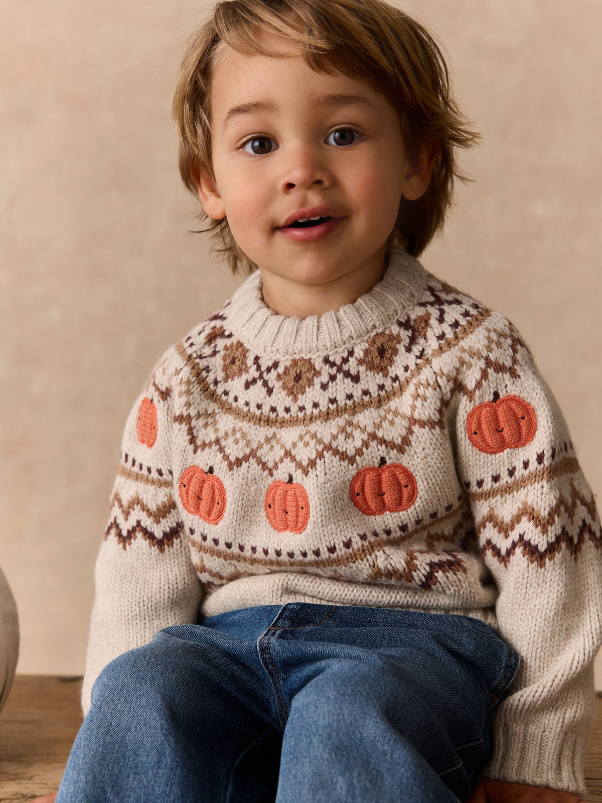 Neutral Pumpkin Fairisle Halloween Knitted Crew Neck Jumper (3mths-7yrs)