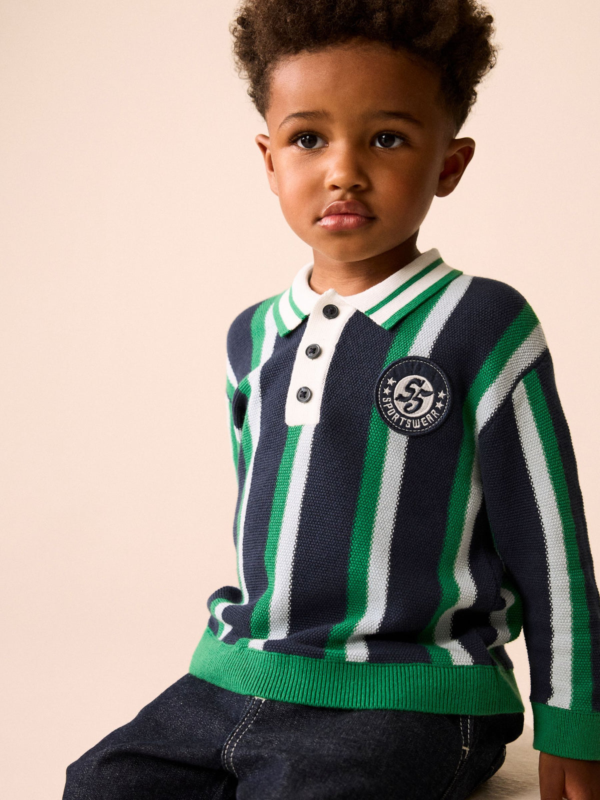 Green/Navy Stripe Knitted Polo Shirt (3mths-7yrs)