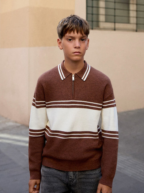 Rust Brown Colourblock Knitted Zip Neck Polo Shirt (3-16yrs)