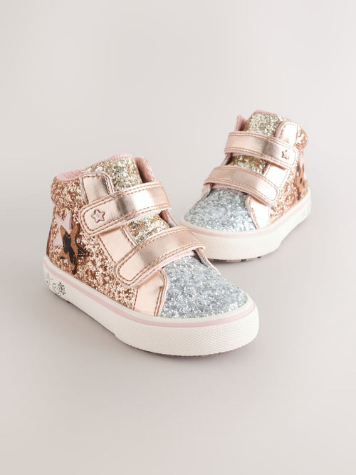 Gold Glitter Standard Fit (F) Touch Fastening High Top Trainers