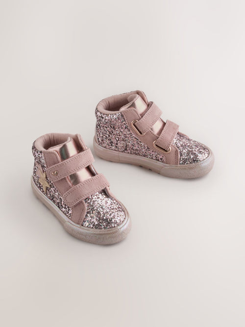 Pink Glitter Wide Fit (G) Touch Fastening High Top Trainers