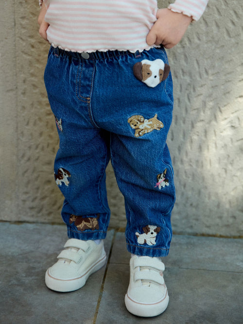 Dog Embroidered Mom Jeans (3mths-7yrs)