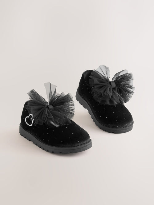 Black Velvet Shimmer Wide Fit (G) Chunky Bow Mary Jane Shoes