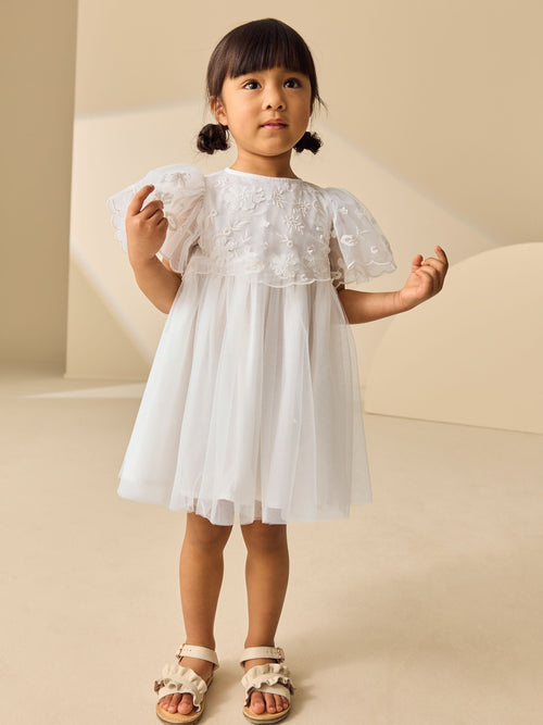 White Embroidered Mesh Occasion Dress (3mths-8yrs)