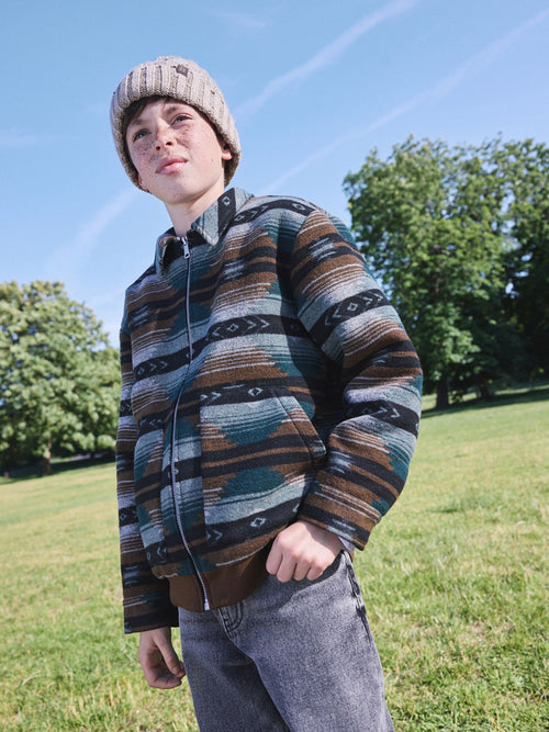 Tan Brown / Green  Zip Up Ikat Borg Lined Shacket (3-16yrs)