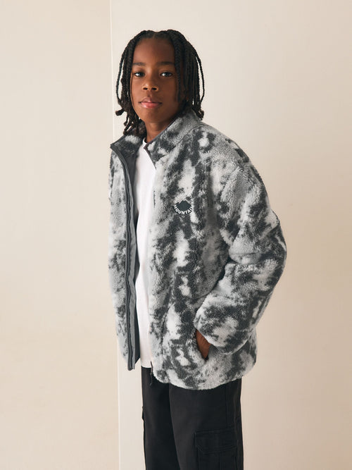 Grey Camo Funnel Neck Zip Up Borg Fleece Shacket (3-16yrs)