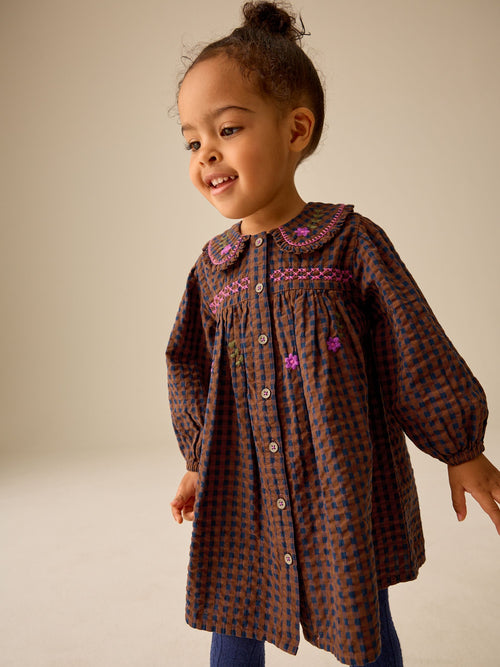 Chocolate Brown Embroidered Check Collar Dress (3mths-8yrs)