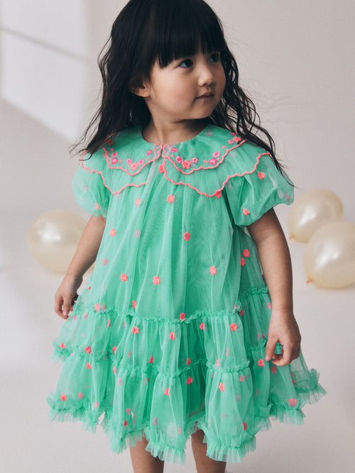 Teal Blue Mesh Embroidered Occasion Dress (3mths-8yrs)