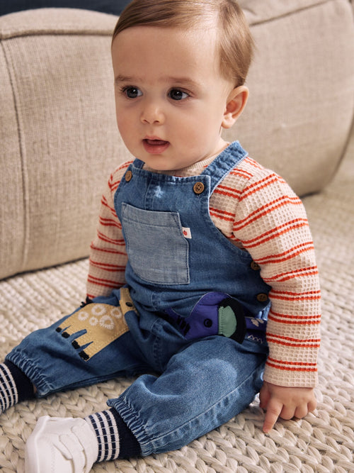 Blue Character Denim Dungaree and Textured Bodysuit Baby Set (0mths-2yrs)