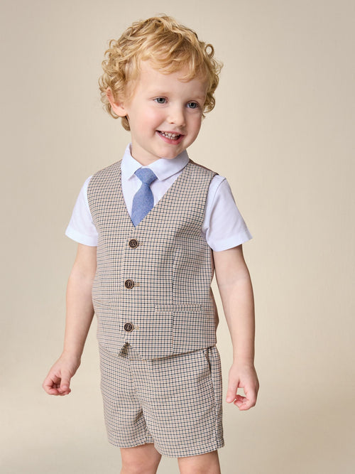 Brown Check Waistcoat, Shirt, Shorts & Tie Set (3mths-9yrs)