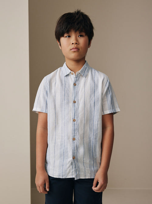 White Stripe Short Sleeve Linen Blend Shirt (3-16yrs)