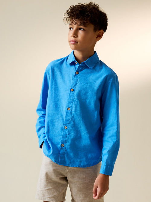 Bright Blue Long Sleeve Relaxed Linen Blend Shirt (3-16yrs)