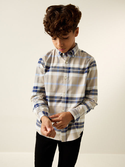 Neutral/Black Check Long Sleeve Oxford Check Shirt (3-16yrs)