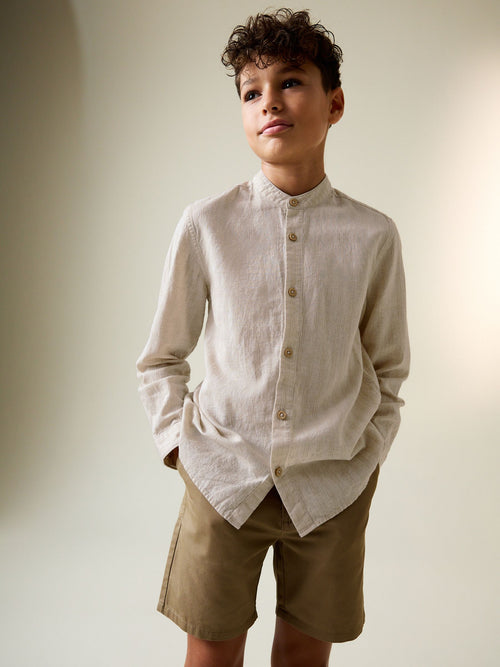 Neutral Grandad Collar Linen Mix Long Sleeve Shirt (3-16yrs)