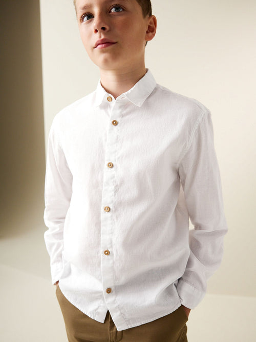 White Long Sleeve Relaxed Linen Blend Shirt (3-16yrs)