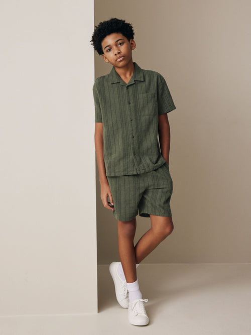 Khaki Green Short Sleeve Textured Shirt and Shorts Set (3-16yrs)