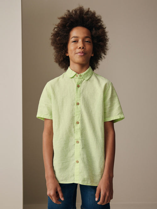 Lime Green Short Sleeve Linen Blend Shirt (3-16yrs)
