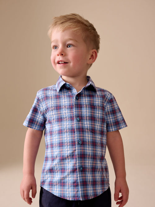 Blue/Navy Short Sleeve Check Seersucker Shirt (6mths-7yrs)