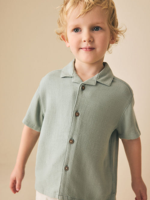 Sage Green Short Sleeves Linen Blend Revere Collar Shirt (3mths-7yrs)