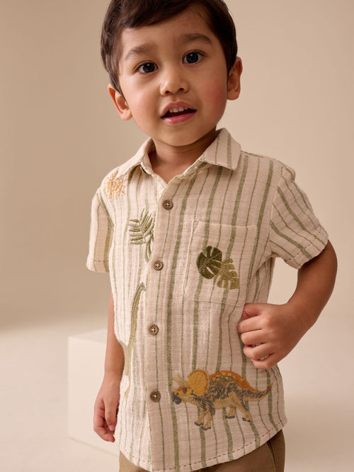 Ecru Striped Dino Short Sleeve Shirt (3mths-7yrs)