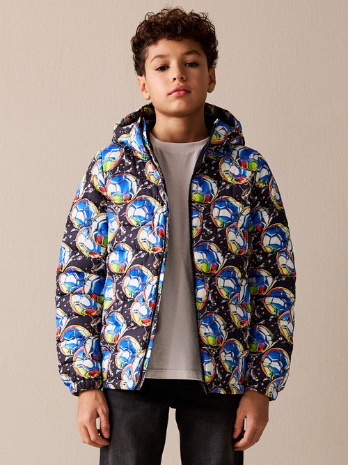 Blue Football Quilted Midweight Hooded Jacket (3-16yrs)