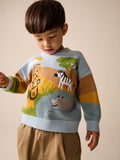 Blue/Orange Safari Character Knitted Crew Neck Jumper (3mths-7yrs)